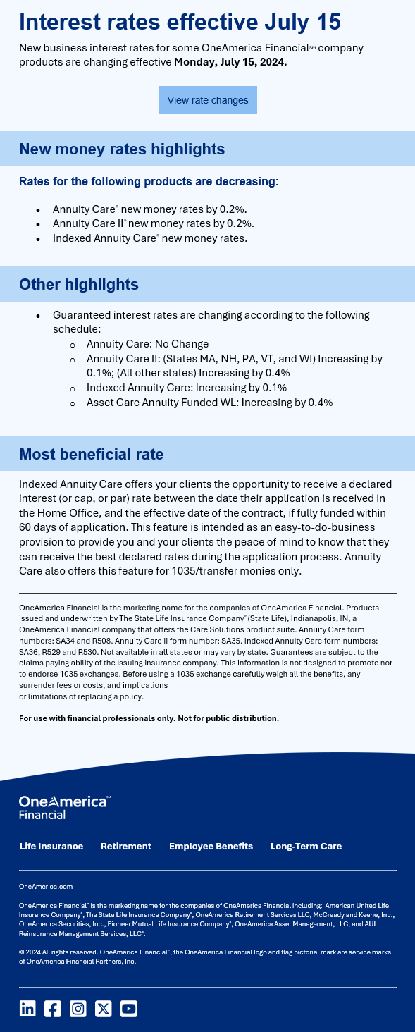 OneAmerica Interest Rates Effective July 15